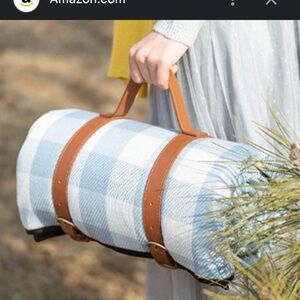 Blue Checkered Picnic Blanket with White Straps